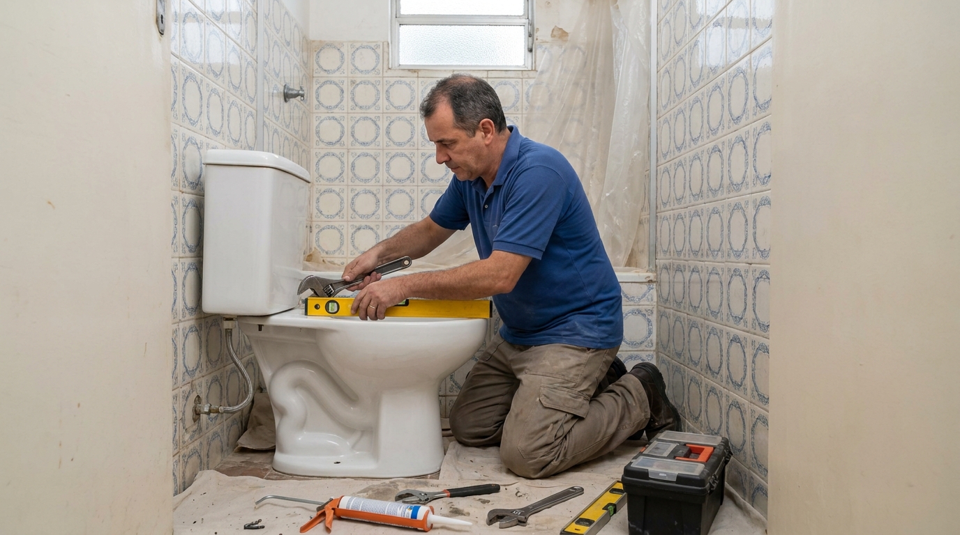 Técnico instalando vaso sanitário em Fortaleza‑CE